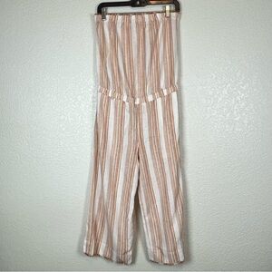 Cloth & stone Tan White Striped Wide Leg Strapless Jumpsuit Relaxed Fit Small